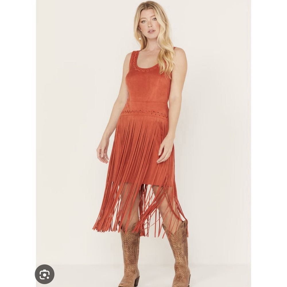 Idyllwind Burnt Orange Suede Fringe Shift Dress Sleeveless Knee Length XS/TP